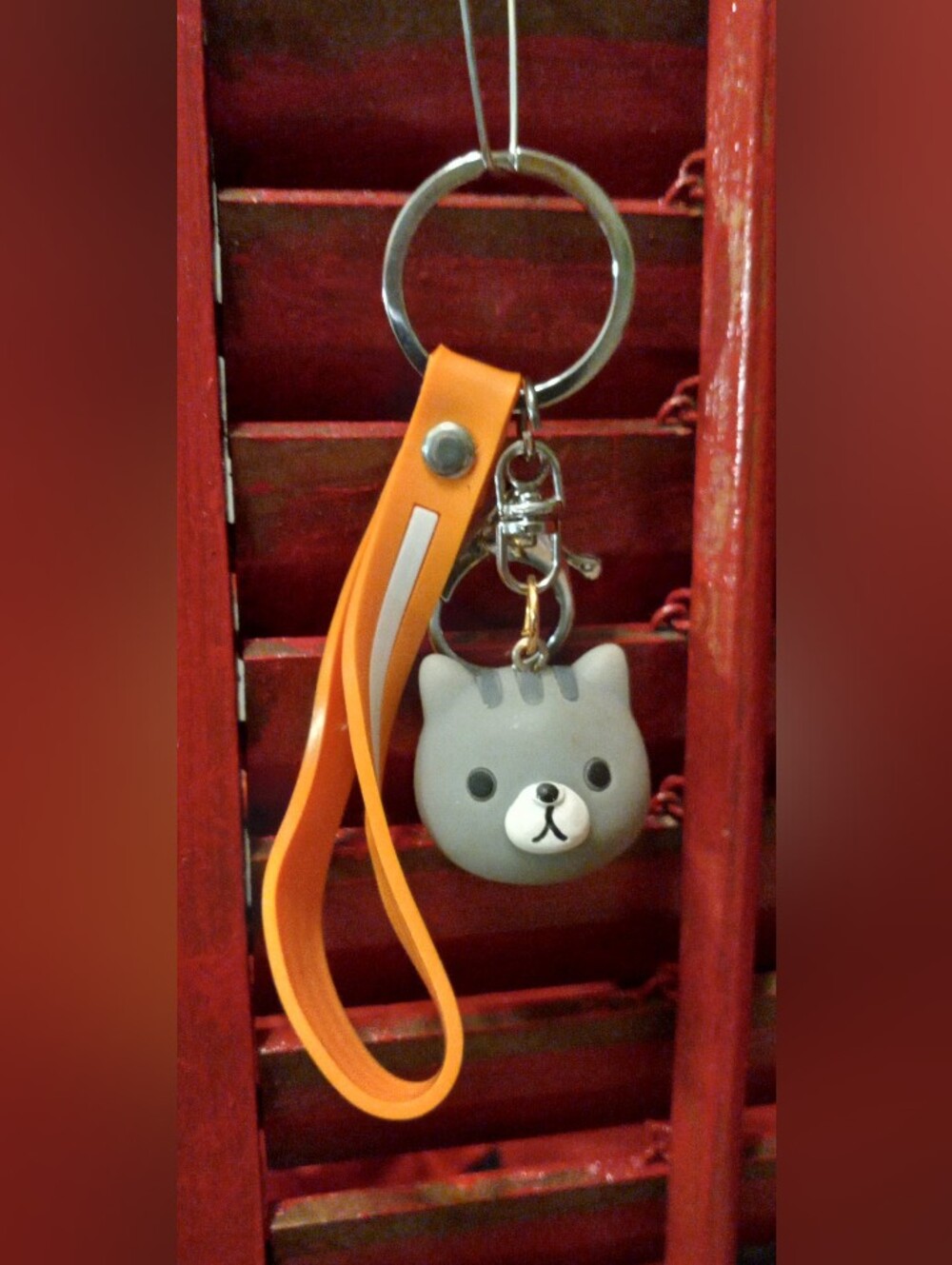 Cute Gray Cat Keychain with Orange Strap